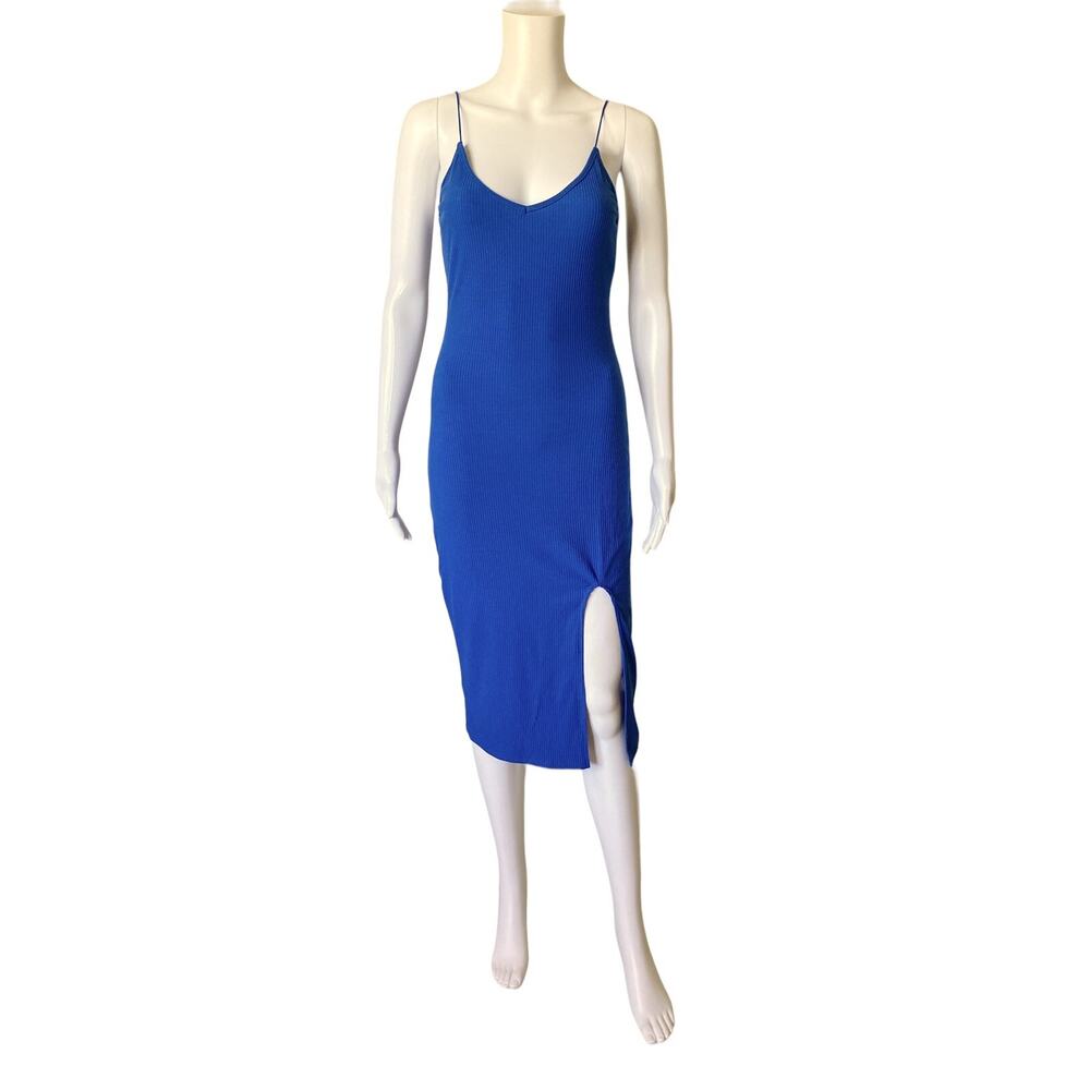 Love J Mini Dress Womens Small Blue Ribbed Side Slit Spaghetti Strap Bodycon NWT